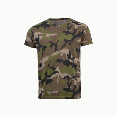 Kamouflagemönstrade t-shirts i herr- & dammodell med reklamtryck