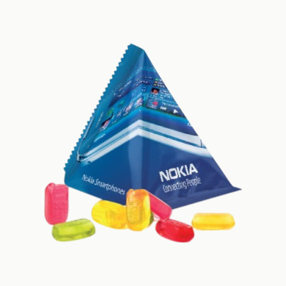 Gelébitar i pyramidpåse med reklamtryck